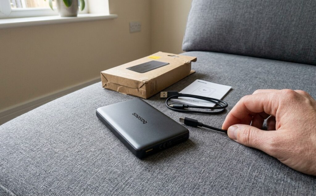 Baseus Magnetic Power Bank for iPhone: Size, Weight, and Attachment. You can easily put the battery in your pocket and take it with you. Photo.