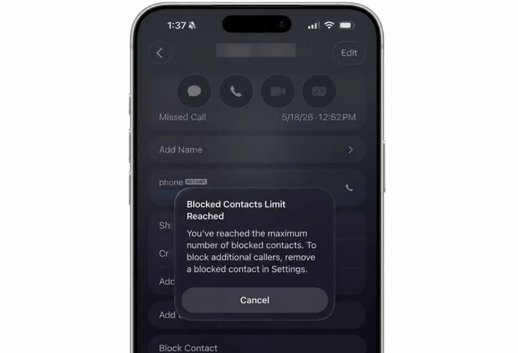 What's new in iOS 26.6. The previous beta revealed a limit on the number of blocked contacts. Photo.