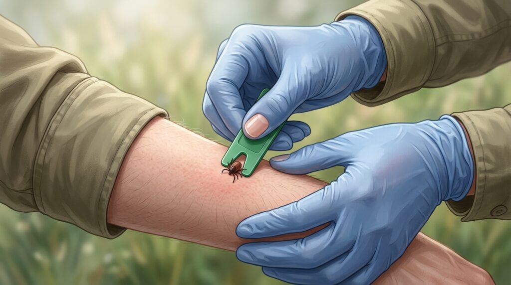 A tick is extracted with a special device, grasping it close to the skin