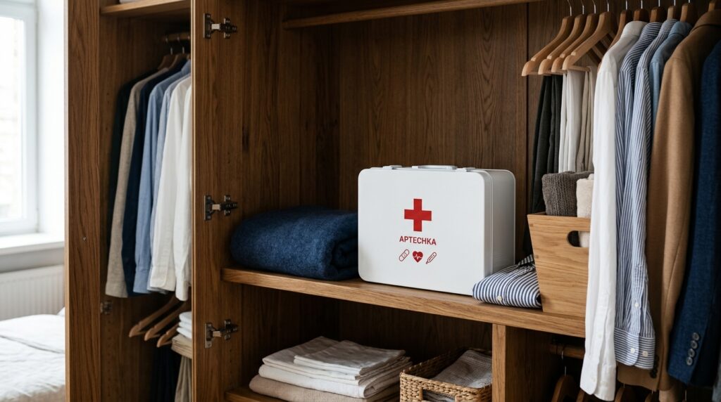 A medicine cabinet is best stored in a closed cabinet in the bedroom or hallway