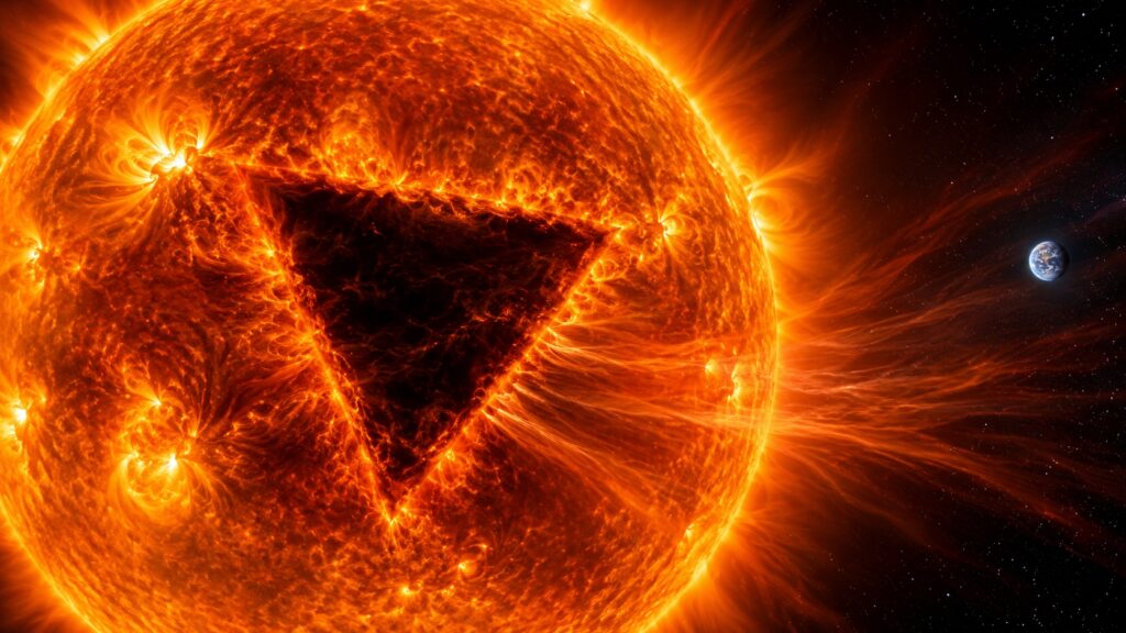 A triangular hole has formed on the Sun, and people are wondering whether it's dangerous. Photo.
