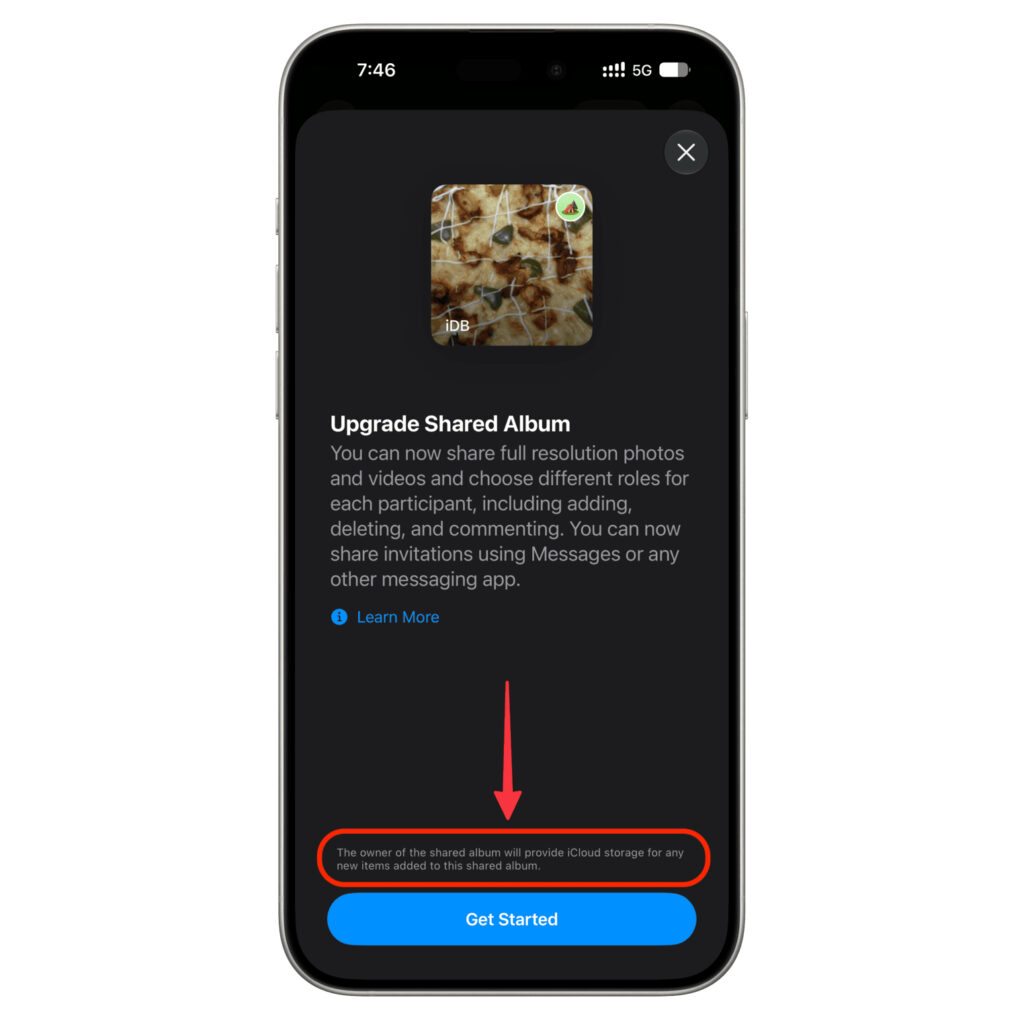 If you press this button, the shared album will become part of your storage