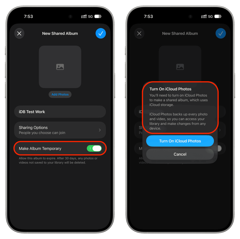 For permanent shared albums, you'll need to enable "iCloud Photos"