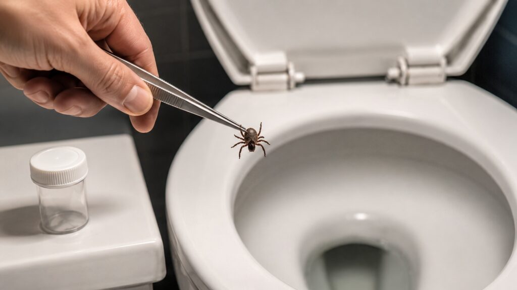 You shouldn't flush ticks down the toilet, and not just because they can survive there. Photo.