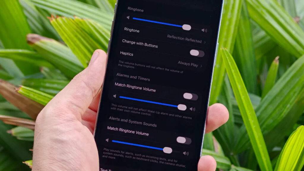 Separate alarm volume on iPhone. Alarms now have their own volume slider. Photo.