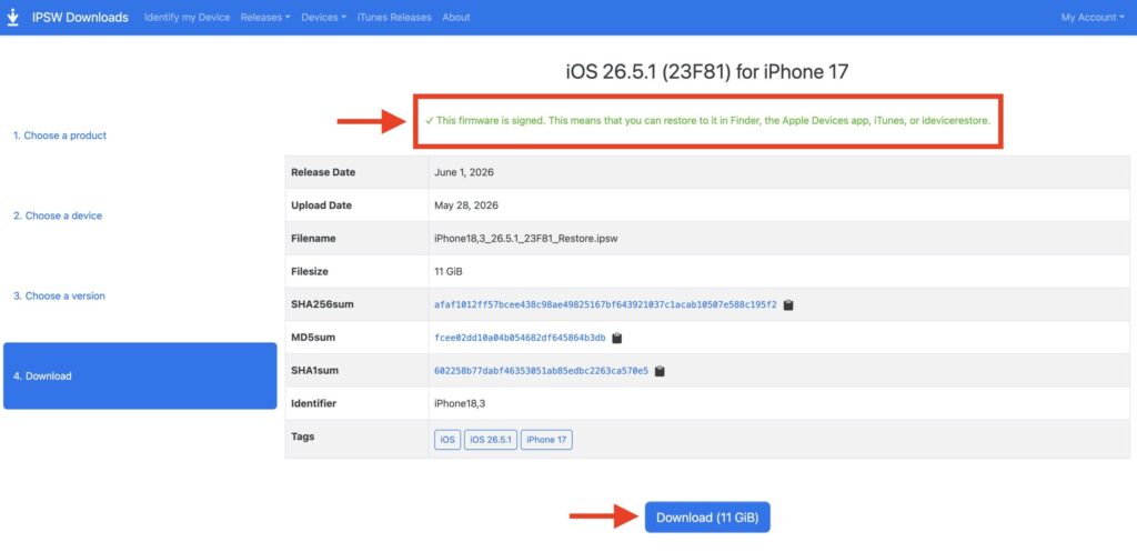 How to restore iPhone via Finder or iTunes. Download the firmware with a green status. Photo.