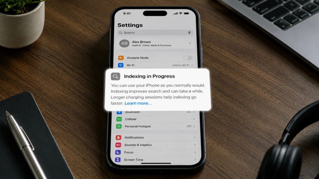 This indexing notification appeared in Settings