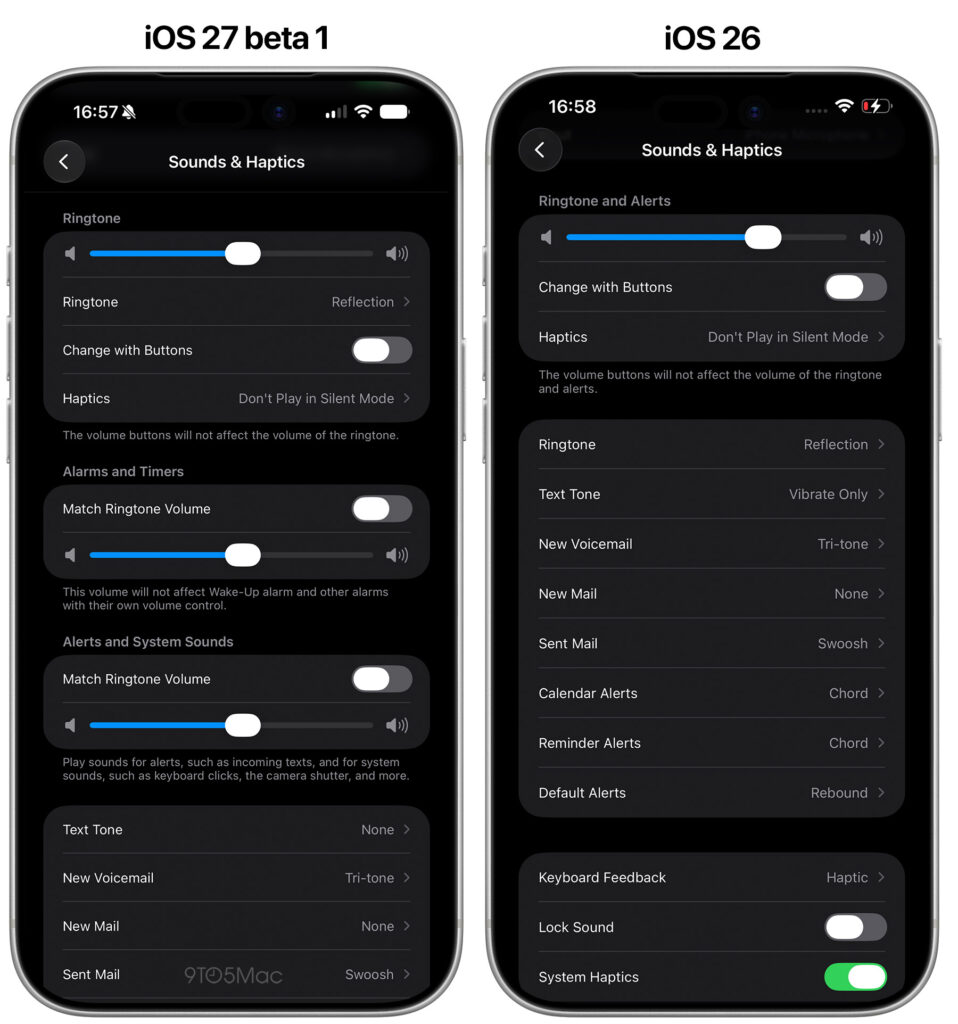 Here's what the volume settings interface looks like in iOS 27 and iOS 26