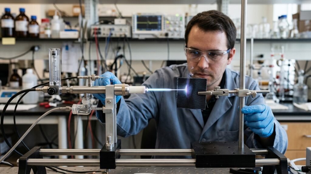 A thin jet of cold plasma kills bacteria right within the fabric fibers