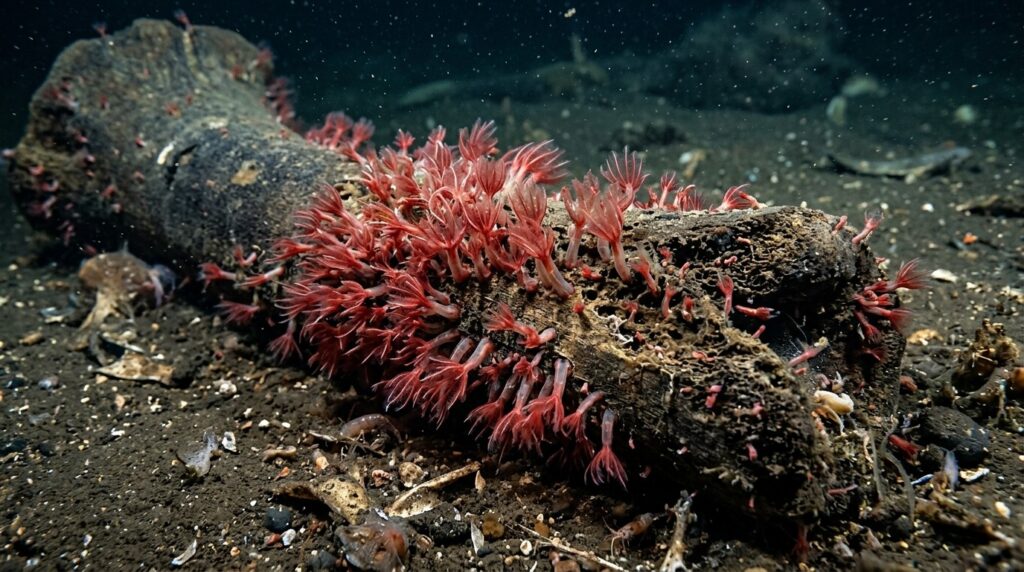 Osedax worms covering a whale bone