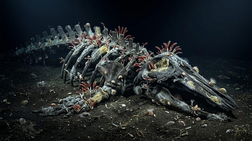 Bacterial mats and invertebrates on whale bones in a deep-sea ecosystem