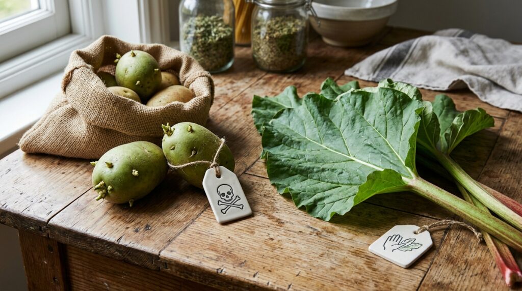 Green potatoes and rhubarb leaves contain substances that are dangerous in large quantities