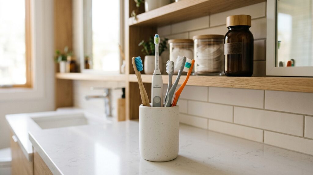 It's best to store brushes vertically with the head up in an open cup
