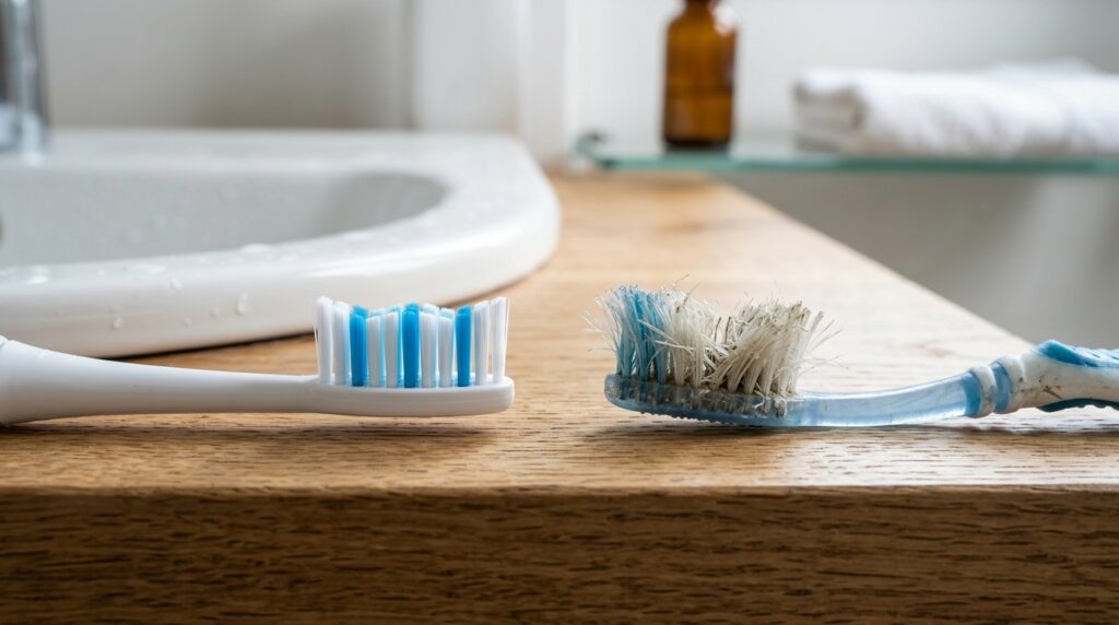 Worn bristles (right) clean teeth less effectively and require replacement