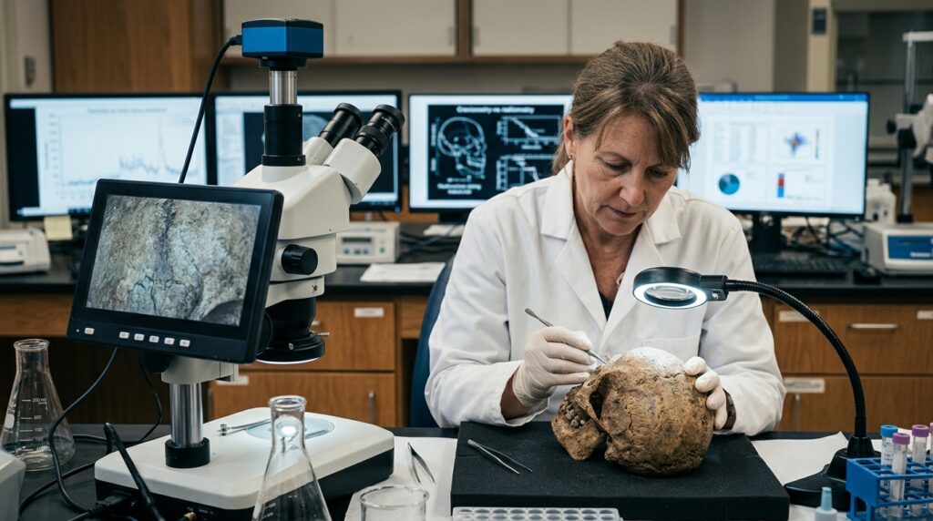 Radiocarbon analysis at Oxford showed: the skull was about sixteen centuries old
