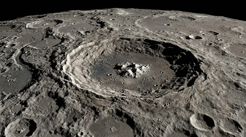 A large lunar crater photographed by a NASA orbiter