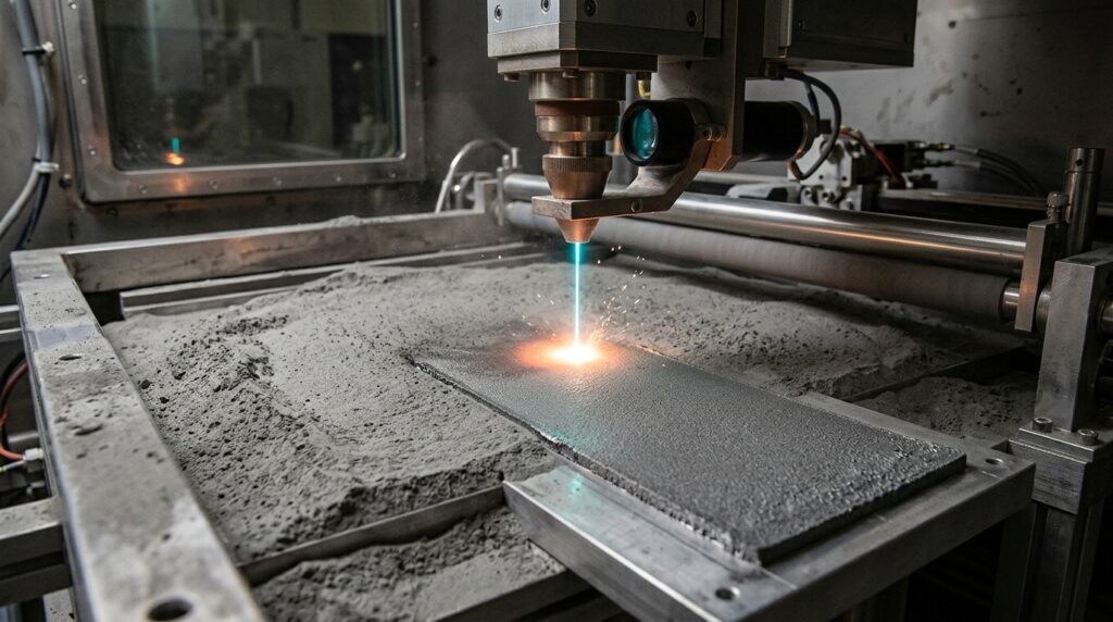 A laser sinters lunar dust into a thin, flexible sheet