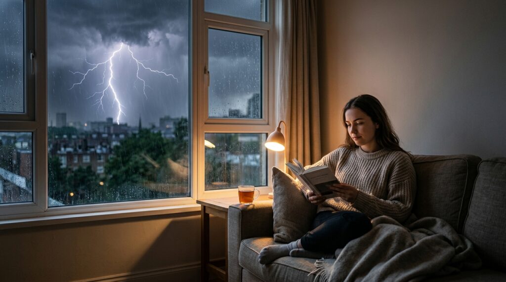 During a thunderstorm, it's better to stay away from windows, outlets, and plumbing