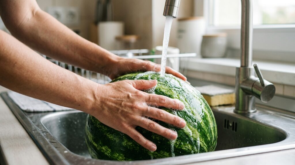 Thorough rind washing will protect the flesh from microbe contamination during cutting