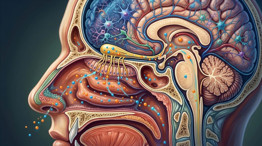 Drug particles travel from the nose to the brain, bypassing the protective barrier