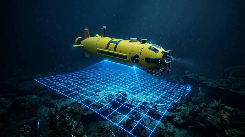 The vehicle scans seabed terrain using built-in laser and acoustic systems