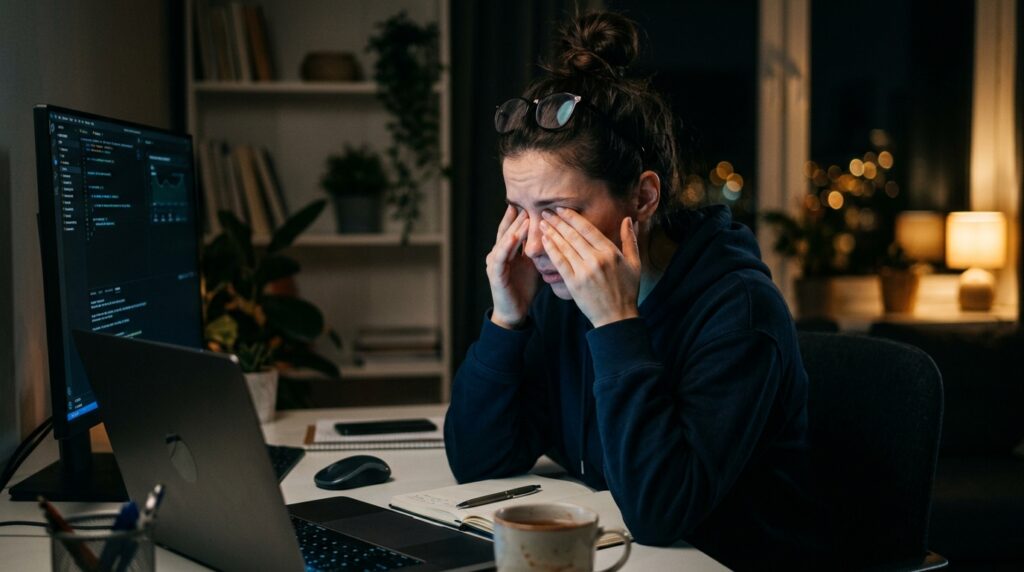 More often, eyes get tired not from 'blue light' but from lack of sleep and prolonged focus on a close screen