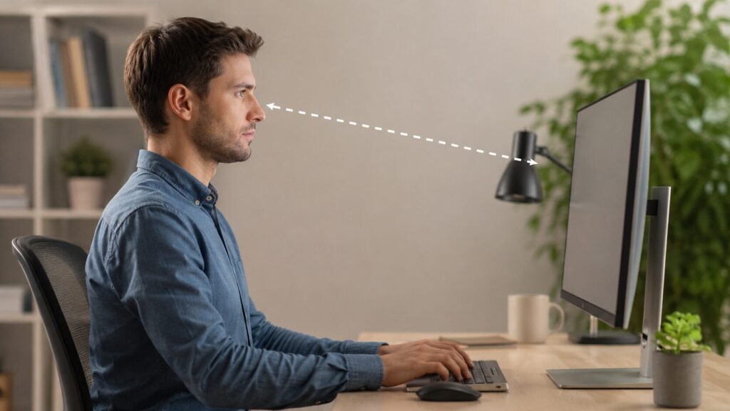 The preferred distance to the screen is 60 to 100 cm, and you should look at the screen straight on or at a slight angle (up to -16 degrees).