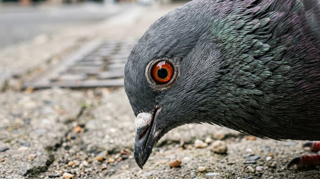 A pigeon's eyes look sideways and barely rotate, so the bird stabilizes its entire head