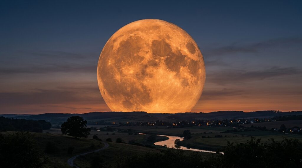 Near the horizon, the full Moon appears noticeably larger than it actually is