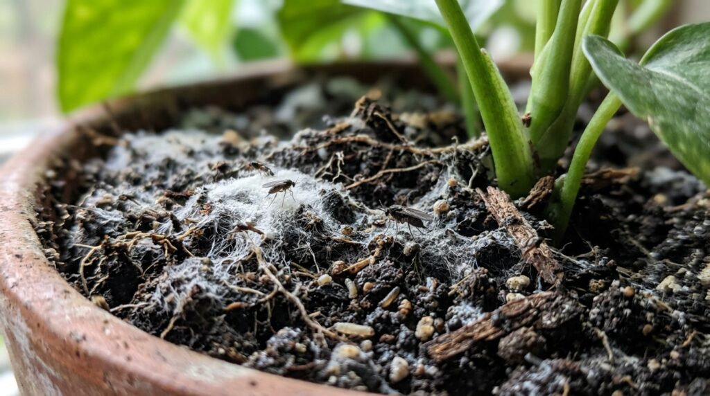 Sugar and fermentation residues can trigger mold and gnats in the pot
