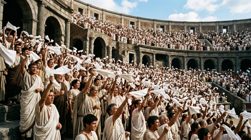 Romans expressed their delight not only with clapping, but also by waving togas and handkerchiefs