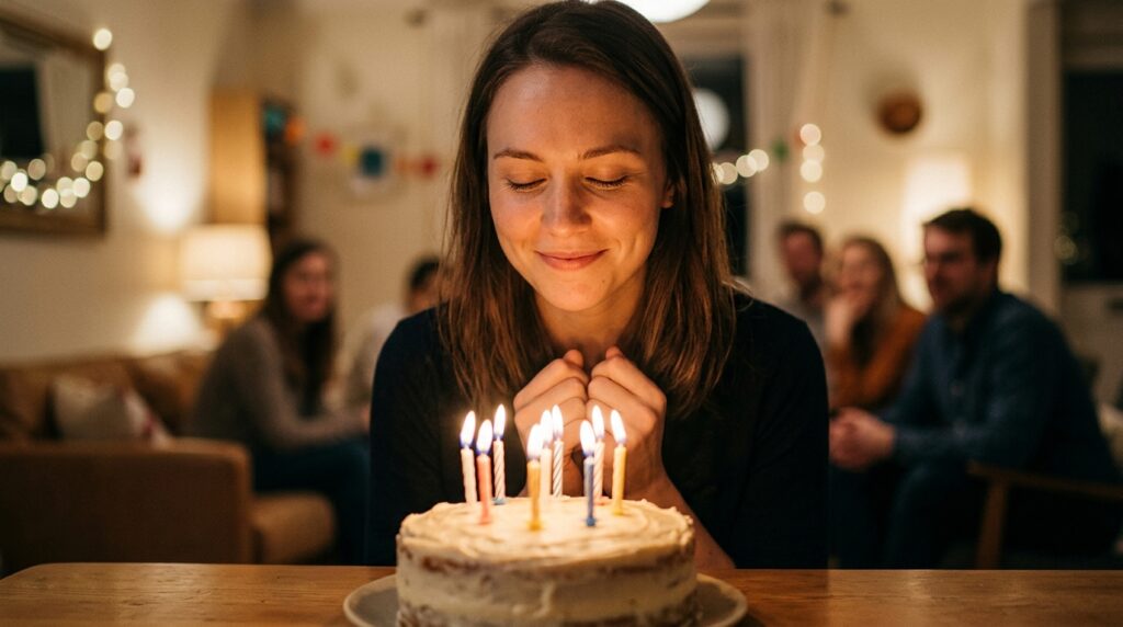 The birthday person concentrates on a secret wish before the candles