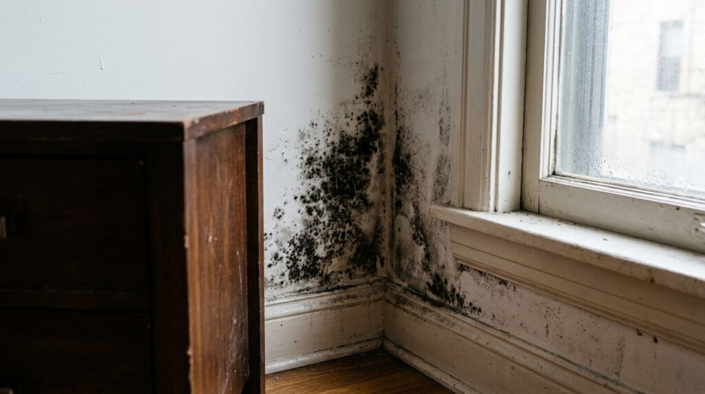 Mold most often appears in cold corners and behind furniture, not next to the drying rack