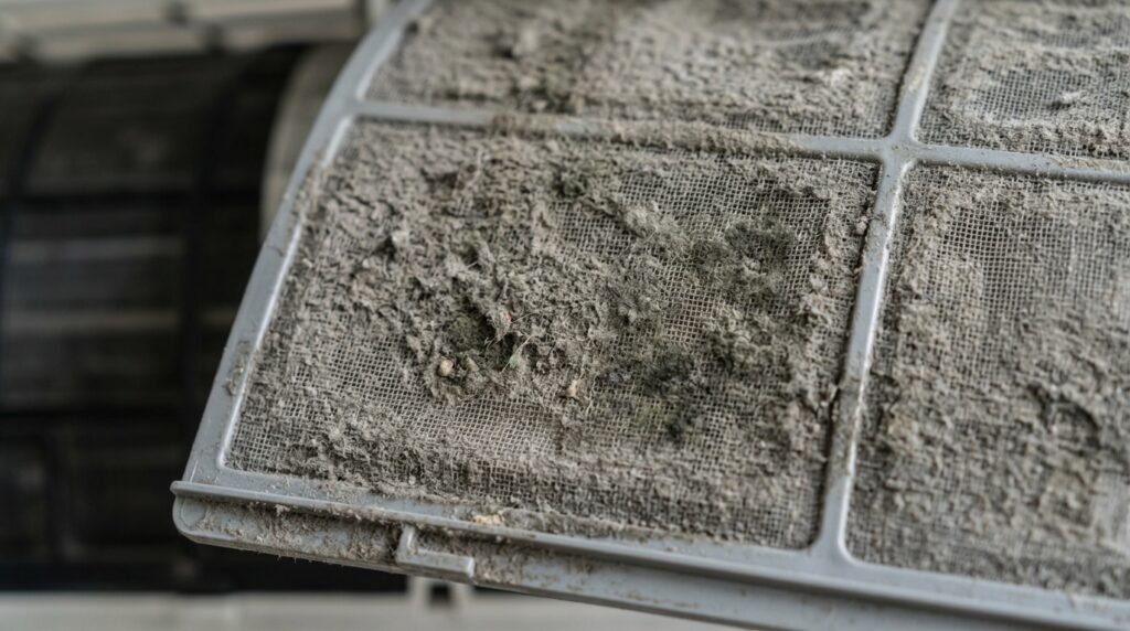 Dirty air conditioner filter with dust buildup