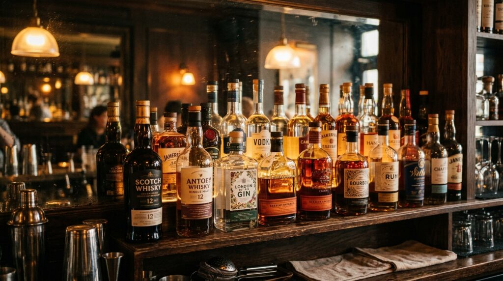 The reflection doubles the row of bottles and creates the impression of a rich selection