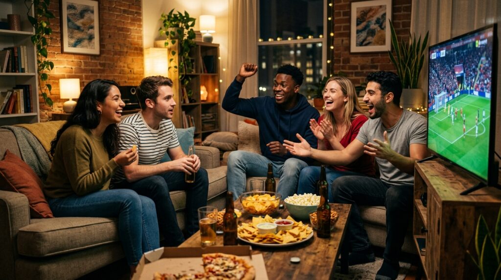 Friends watching a match together at home