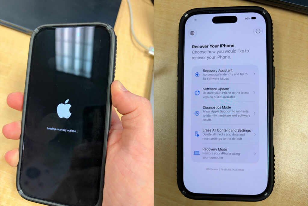 iPhone recovery tools in iOS 27. The iPhone will show a special boot screen and launch recovery mode. Photo.