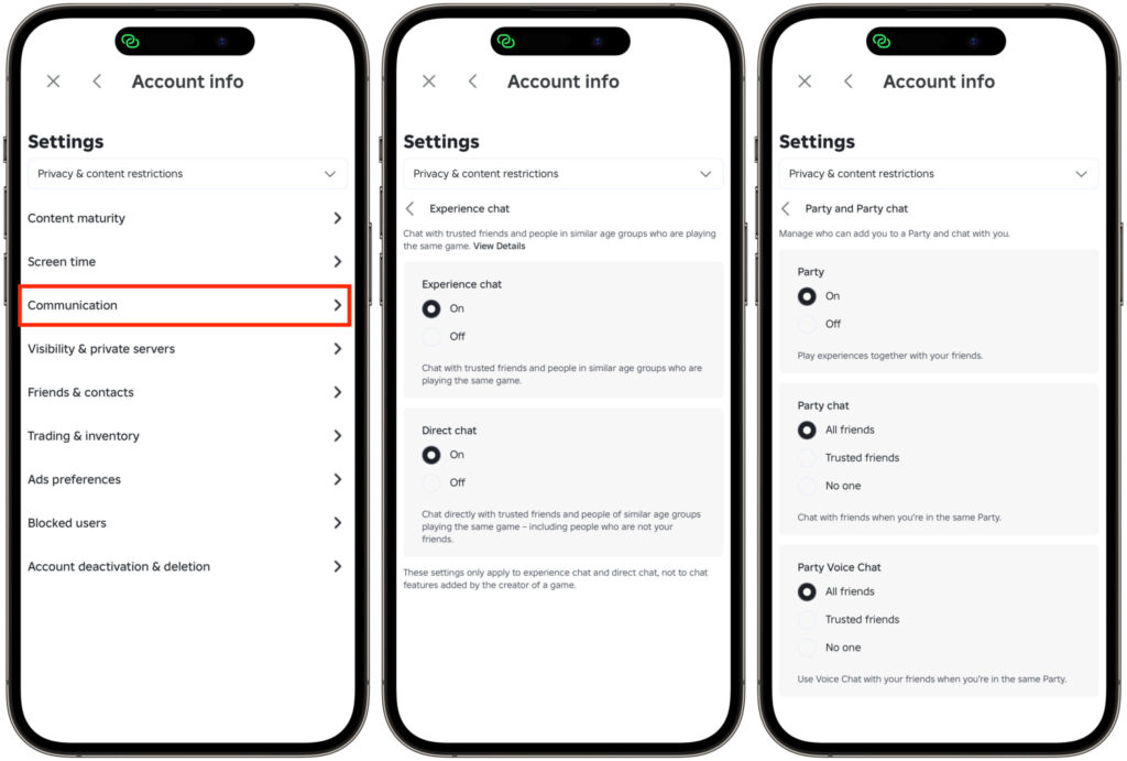 Roblox privacy settings: enabling text chat. Privacy settings are also available on smartphones. Photo.