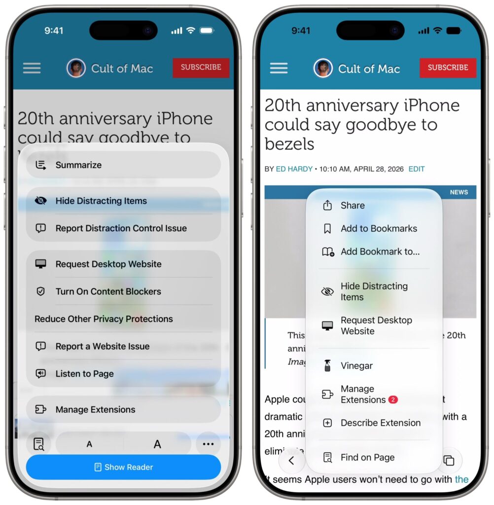 What changed in Safari's menu on iPhone. Left: iOS 26, right: iOS 27. Photo.