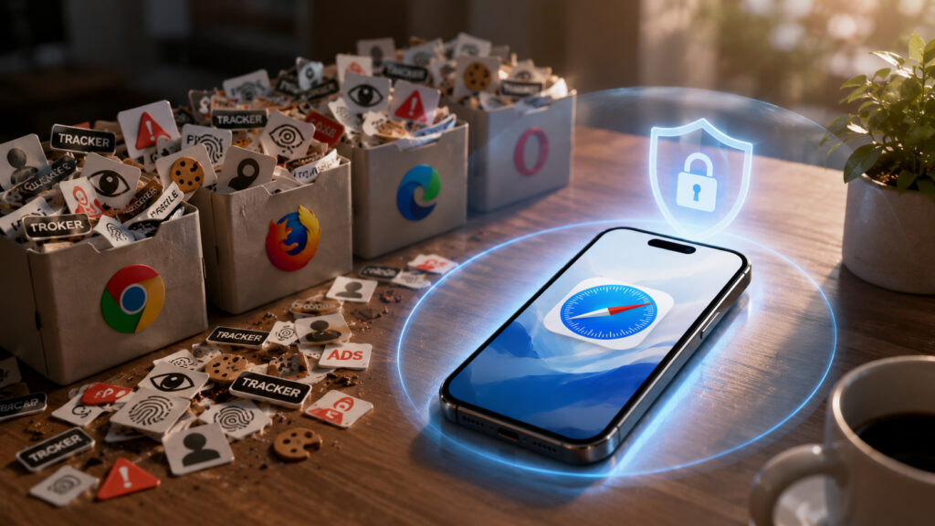 Apple positions Safari as fully protected from online tracking. Photo.
