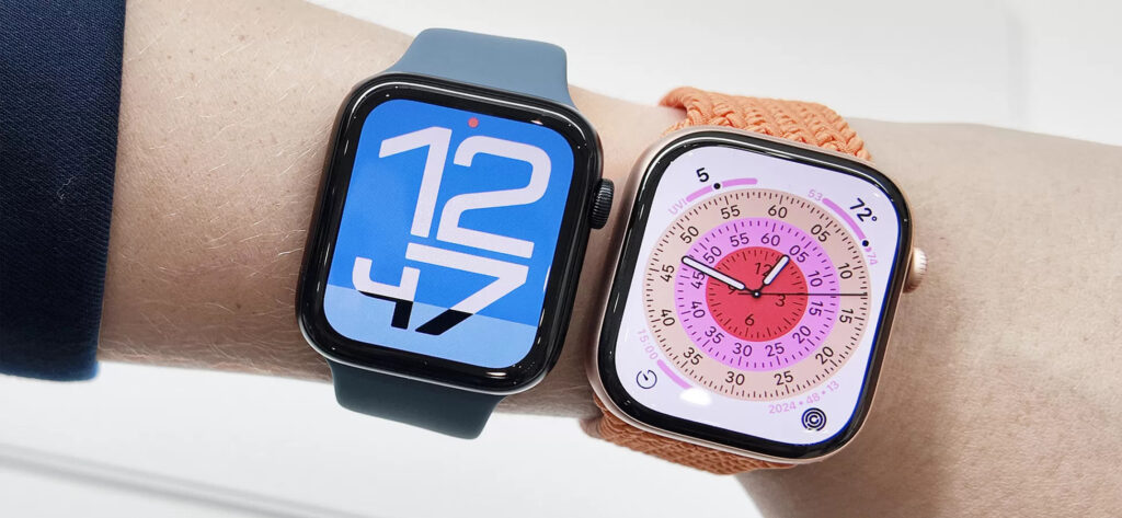 Screen brightness and battery life of Apple Watch: SE 3 vs. Series 11. The screens differ significantly. Just look at the bezels. Photo.