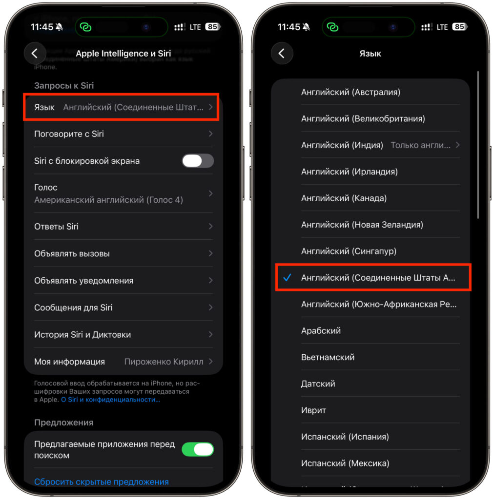 What language and region are needed for Siri AI on iPhone. First, change the Siri language. Photo.