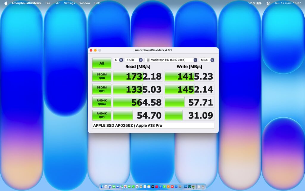 MacBook Neo 256 GB SSD: Real-world speed numbers. This is the maximum we managed to squeeze out of the Neo. Photo.