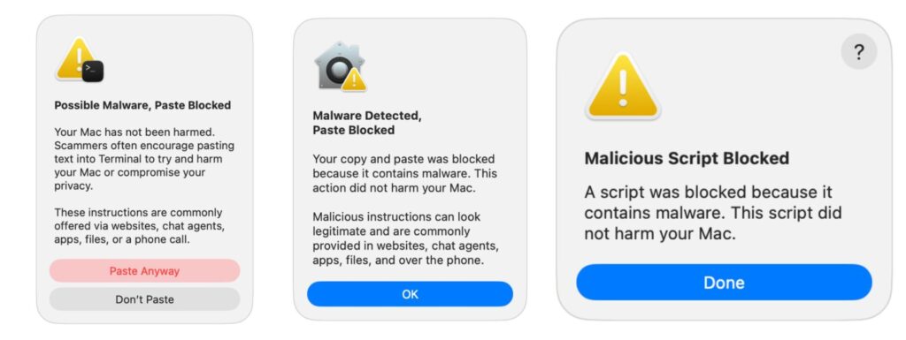 What warnings macOS shows when pasting commands. Here are all possible warnings that macOS displays. Photo.