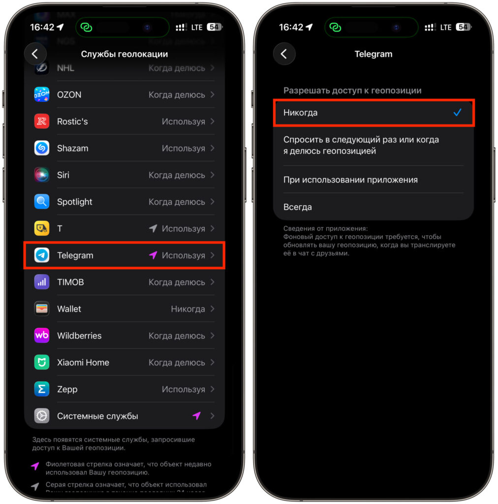 Which permissions to disable for Telegram and MAX on iPhone. Location access can be configured separately. Photo.
