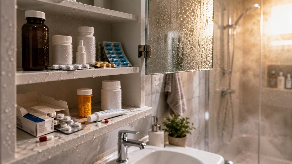 In movies, medications are often stored in the bathroom, but you shouldn't do this. Photo.