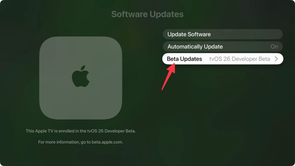 How to download tvOS 27 on Apple TV. Select the Beta Updates section. Photo.