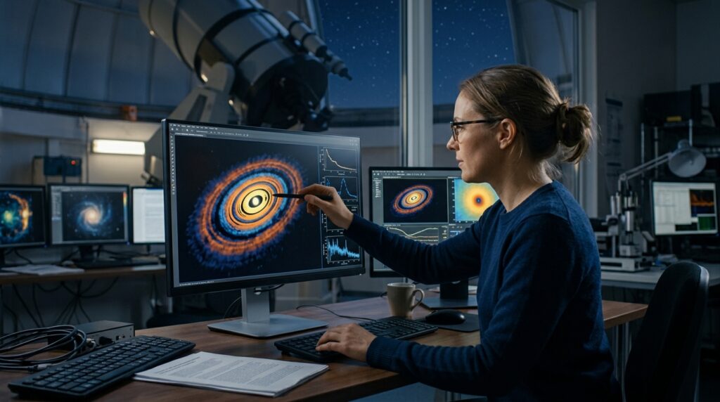 Researcher analyzes a model of dust rings on screen