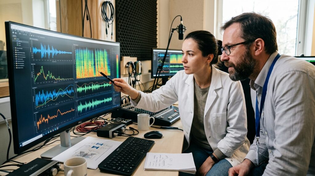 Specialists study sound wave graphs on monitors