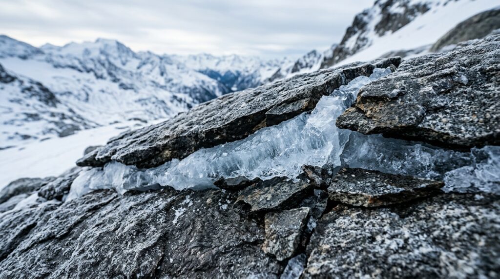 Ice in rock cracks slowly destroys the stone